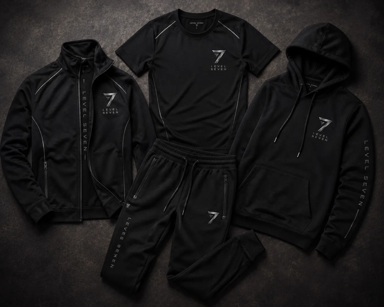 Level 7 branded apparel, flat lay