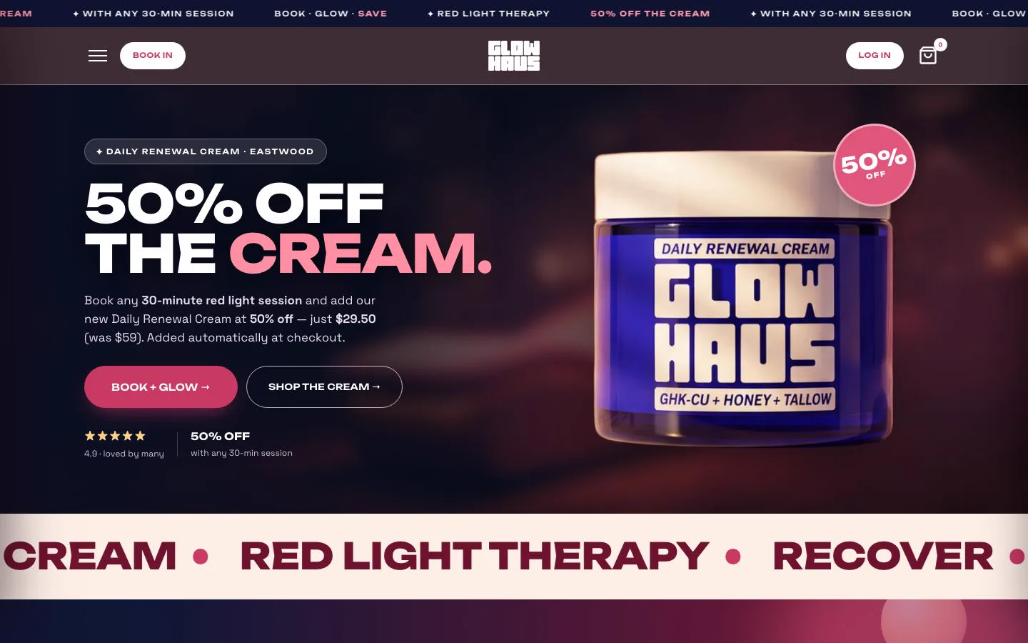 Glow Haus skincare and recovery website hero